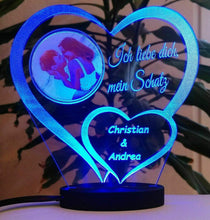 Laden Sie das Bild in den Galerie-Viewer, topgraveure Geschenk 125 x 120 mm / FOTO+NAME BLAU Liebe Valentinstag Geschenk IHR FOTO+NAME+UHR Geburtstag Hochzeitstag LED-Licht