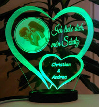 Laden Sie das Bild in den Galerie-Viewer, topgraveure Geschenk 125 x 120 mm / FOTO+NAME GRÜN Liebe Valentinstag Geschenk IHR FOTO+NAME+UHR Geburtstag Hochzeitstag LED-Licht
