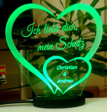 Laden Sie das Bild in den Galerie-Viewer, topgraveure Geschenk 125 x 120 mm / ILD grün Ich liebe dich, mein Schatz - Valentinstag LED-Licht* graviert mit Ihrem Namen