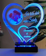 Laden Sie das Bild in den Galerie-Viewer, topgraveure Geschenk 125 x 120 mm / LED blau Liebe Geschenk IHR FOTO+TEXT Herz Valentinstag Geburtstag Beleuchtung LED-Licht