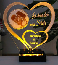 Laden Sie das Bild in den Galerie-Viewer, topgraveure Geschenk 125 x 120 mm / LED gelb Liebe Geschenk IHR FOTO+TEXT Herz Valentinstag Geburtstag Beleuchtung LED-Licht