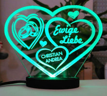 Laden Sie das Bild in den Galerie-Viewer, topgraveure Geschenk 125 x 90 mm / LED GRÜN HERZ LIEBESERKLÄRUNG VALENTINSTAG LED-LICHT mit Ihrem Namen eingraviert LIEBE
