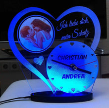 Laden Sie das Bild in den Galerie-Viewer, topgraveure Geschenk 180 x 175 mm / FOTO+NAME+UHR BLAU Liebe Valentinstag Geschenk IHR FOTO+NAME+UHR Geburtstag Hochzeitstag LED-Licht