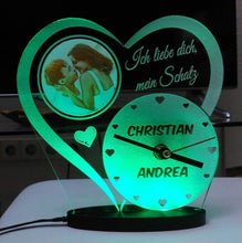 Laden Sie das Bild in den Galerie-Viewer, topgraveure Geschenk 180 x 175 mm / FOTO+NAME+UHR GRÜN Liebe Valentinstag Geschenk IHR FOTO+NAME+UHR Geburtstag Hochzeitstag LED-Licht