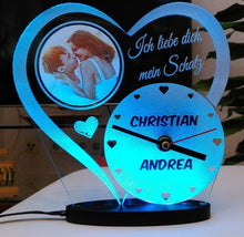 Laden Sie das Bild in den Galerie-Viewer, topgraveure Geschenk 180 x 175 mm / FOTO+NAME+UHR WEIß Liebe Valentinstag Geschenk IHR FOTO+NAME+UHR Geburtstag Hochzeitstag LED-Licht