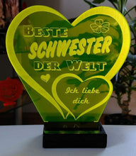 Laden Sie das Bild in den Galerie-Viewer, topgraveure Geschenk Dekor 125 x 120 mm / gelb Beste Schwester Muttertag Geschenk Geburtstag Liebe *LED-Licht