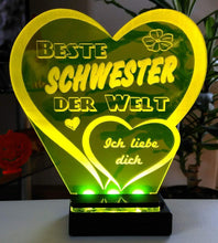 Laden Sie das Bild in den Galerie-Viewer, topgraveure Geschenk Dekor 125 x 120 mm / gelb + Licht Beste Schwester Muttertag Geschenk Geburtstag Liebe *LED-Licht