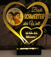 Laden Sie das Bild in den Galerie-Viewer, topgraveure Geschenk Dekor 125 x 120 mm / LED gelb Beste Schwester IHR FOTO+TEXT Muttertag Geschenk Geburtstag Liebe LED-Licht