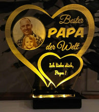 Laden Sie das Bild in den Galerie-Viewer, topgraveure Geschenk Dekor 125 x 120 mm / LED gelb Bester Papa IHR FOTO+TEXT Vatertag Geschenk Geburtstag Liebe LED-Licht