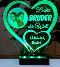 Laden Sie das Bild in den Galerie-Viewer, topgraveure Geschenk Dekor 125 x 120 mm / LED grün Bester Bruder IHR FOTO+TEXT Vatertag Geschenk Geburtstag Liebe LED-Licht