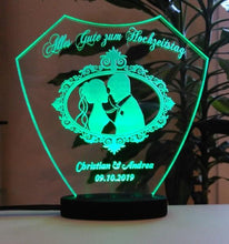 Laden Sie das Bild in den Galerie-Viewer, topgraveure Geschenk Dekor 125 x 120 mm / LED grün / ohne Foto Alles Gute zum Hochzeitstag IHR FOTO+TEXT Hochzeit Geschenk Liebe LED-Licht