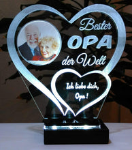 Laden Sie das Bild in den Galerie-Viewer, topgraveure Geschenk Dekor 125 x 120 mm / LED kaltweiß Bester Opa IHR FOTO+TEXT Vatertag Geschenk Geburtstag Liebe LED-Licht