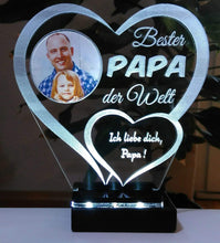 Laden Sie das Bild in den Galerie-Viewer, topgraveure Geschenk Dekor 125 x 120 mm / LED kaltweiß Bester Papa IHR FOTO+TEXT Vatertag Geschenk Geburtstag Liebe LED-Licht