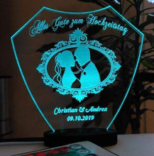 Laden Sie das Bild in den Galerie-Viewer, topgraveure Geschenk Dekor 125 x 120 mm / LED RGB 15 Farben / ohne Foto Alles Gute zum Hochzeitstag IHR FOTO+TEXT Hochzeit Geschenk Liebe LED-Licht