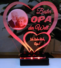 Laden Sie das Bild in den Galerie-Viewer, topgraveure Geschenk Dekor 125 x 120 mm / LED rot Bester Opa IHR FOTO+TEXT Vatertag Geschenk Geburtstag Liebe LED-Licht