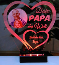 Laden Sie das Bild in den Galerie-Viewer, topgraveure Geschenk Dekor 125 x 120 mm / LED rot Bester Papa IHR FOTO+TEXT Vatertag Geschenk Geburtstag Liebe LED-Licht