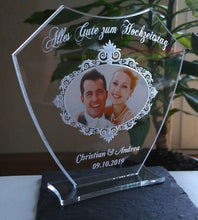 Laden Sie das Bild in den Galerie-Viewer, topgraveure Geschenk Dekor 125 x 120 mm / ohne Licht / mit Foto Alles Gute zum Hochzeitstag IHR FOTO+TEXT Hochzeit Geschenk Liebe LED-Licht