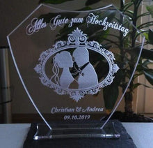 Laden Sie das Bild in den Galerie-Viewer, topgraveure Geschenk Dekor 125 x 120 mm / ohne Licht / ohne Foto Alles Gute zum Hochzeitstag IHR FOTO+TEXT Hochzeit Geschenk Liebe LED-Licht