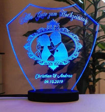 Laden Sie das Bild in den Galerie-Viewer, topgraveure Geschenk Dekor 180 x 175 mm / LED blau / ohne Foto Alles Gute zum Hochzeitstag IHR FOTO+TEXT Hochzeit Geschenk Liebe LED-Licht