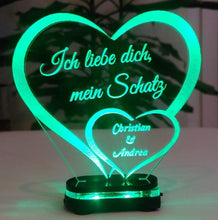 Laden Sie das Bild in den Galerie-Viewer, topgraveure Geschenk Dekor M3 led grün Liebe Valentinstag Geschenk IHR NAME Geburtstag Hochzeitstag Herz LED-Licht