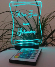 Laden Sie das Bild in den Galerie-Viewer, topgraveure Geschenk Dekor Modell 1 / RGB-LED 15 Farben mit Fernsteuerung / 124 x 90 mm ALLES GUTE ZUM GEBURTSTAG GESCHENK ACRYLGLAS MIT LED BELEUCHTUNG GEBURTSTAG
