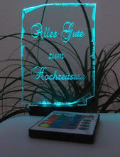 Laden Sie das Bild in den Galerie-Viewer, topgraveure Geschenk Dekor Modell 1 / RGB-LED 15 Farben mit Fernsteuerung / 124 x 90 mm ALLES GUTE ZUM HOCHZEITSTAG -GESCHENK ACRYLGLAS MIT LED BELEUCHTUNG HOCHZEITSTAG
