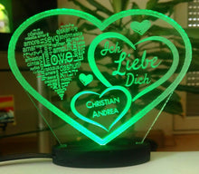 Laden Sie das Bild in den Galerie-Viewer, topgraveure Geschenk ILD-LED GRÜN / 125 x 90 mm HERZ LIEBESERKLÄRUNG VALENTINSTAG LED-LICHT mit Ihrem Namen eingraviert LIEBE**