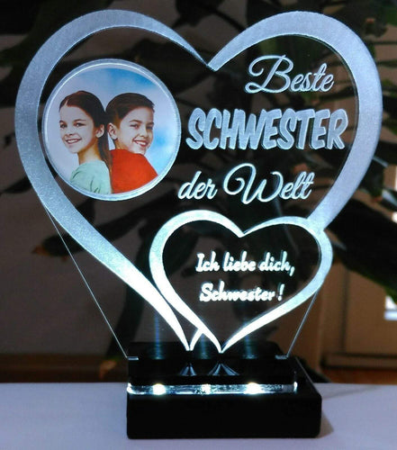 topgraveure Geschenk Dekor 125 x 120 mm / LED kaltweiß Beste Schwester IHR FOTO+TEXT Muttertag Geschenk Geburtstag Liebe LED-Licht
