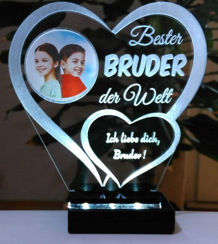 topgraveure Geschenk Dekor 125 x 120 mm / LED kaltweiß Bester Bruder IHR FOTO+TEXT Vatertag Geschenk Geburtstag Liebe LED-Licht